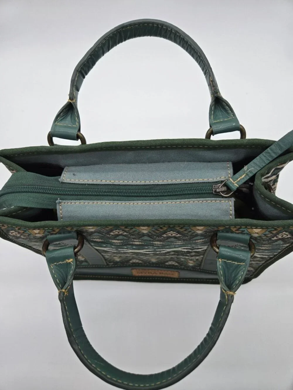 Myra Hunter Green Cream Double Handle Purse Bag *No Crossbody Strap - Picture 5 of 8